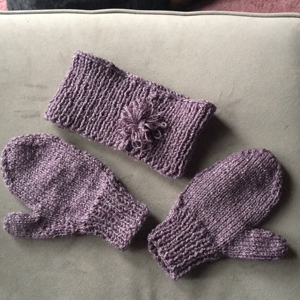 Handmade knit mittens and ear warmer